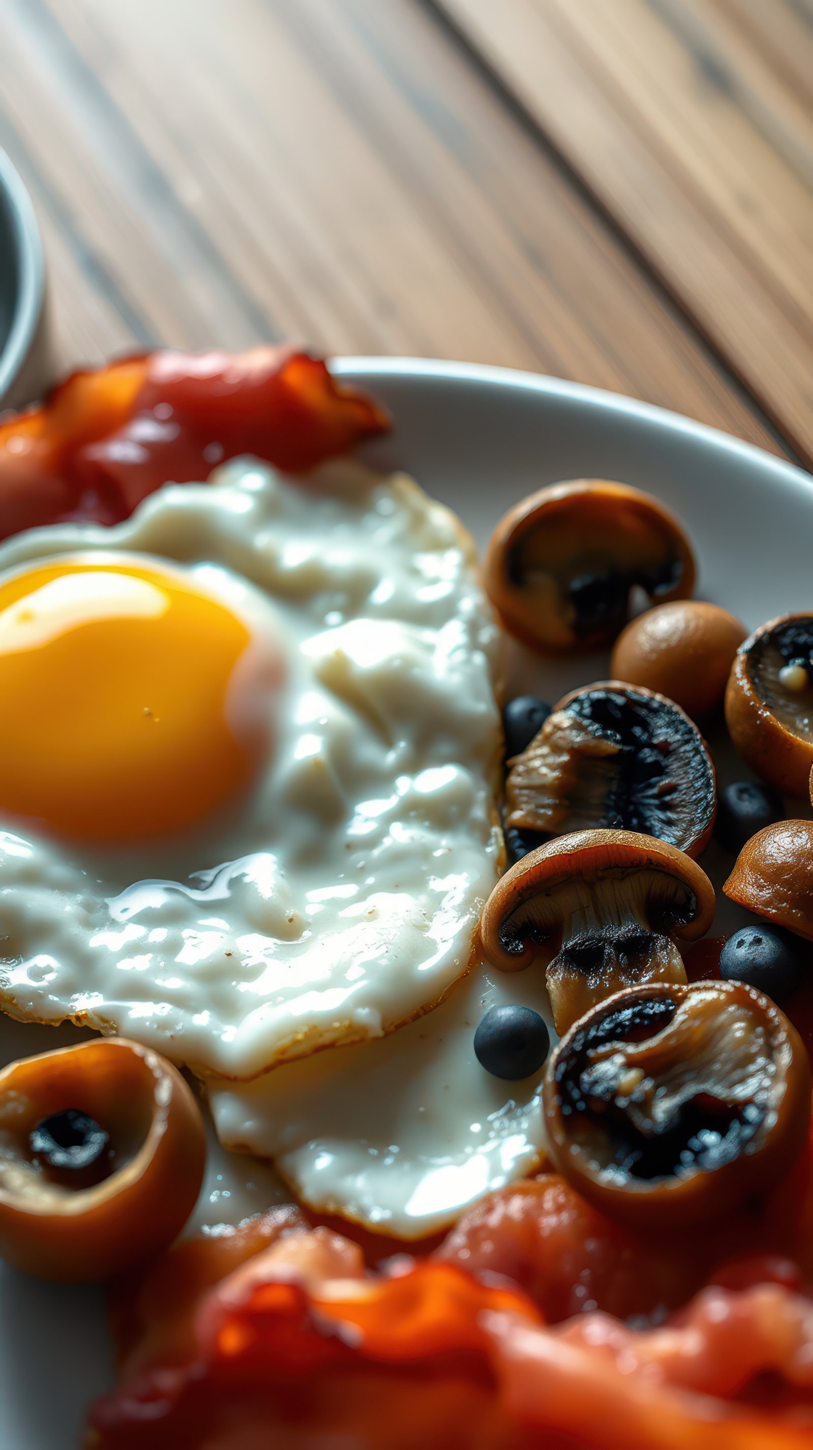 Delicious breakfast featuring sunny-side-up egg, crispy bacon, and sautéed mushrooms on a wooden table
